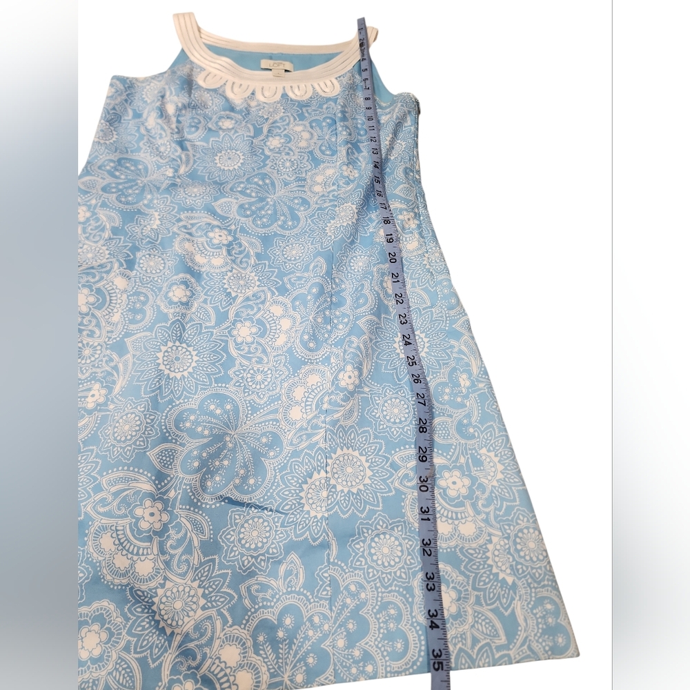 Ann Taylor Loft Blue Paisley Floral Sleeveless Short Embroidered Shift Dress. 4 - Picture 11 of 14